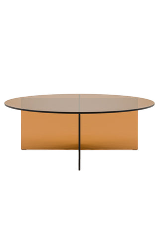 Cutout of the Seventies Amber Glass Oval Coffee Table on a white background.