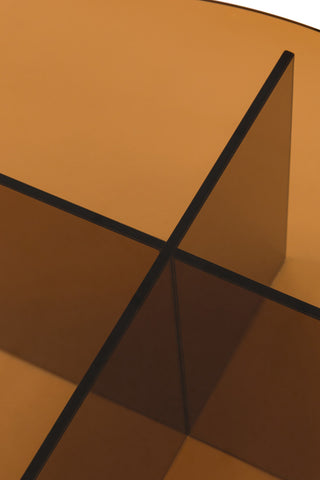 Close-up of the top of the Seventies Amber Glass Oval Coffee Table seen from above.