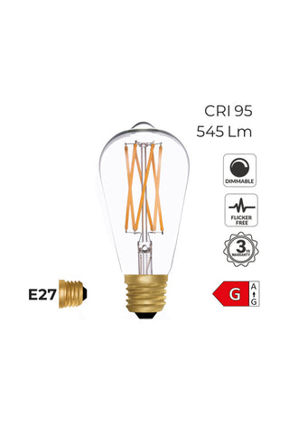 Cutout image of the Squirrel Cage E27 6W Clear LED Light Bulb on a white background with additional information about the product. 