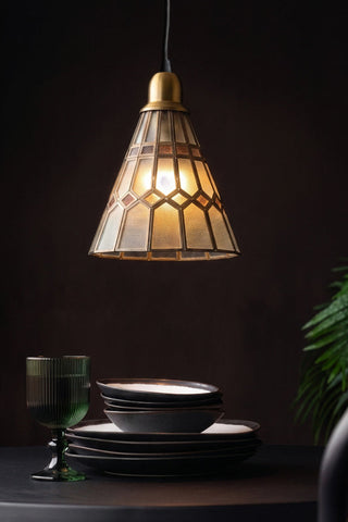 Lifestyle image of the Stained Glass Brass Pendant Light