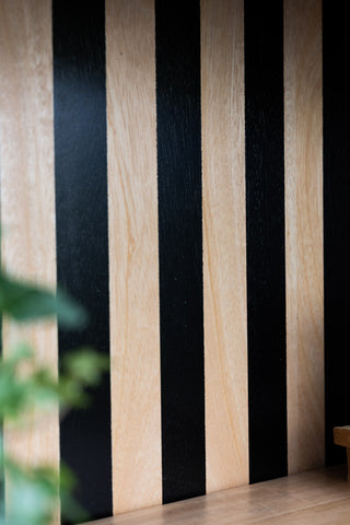 Close-up image of the Striped Wood Shelving Unit