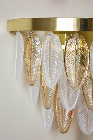 Detail shot of the feathers on the Stunning Art Deco Glass Feather Wall Light.