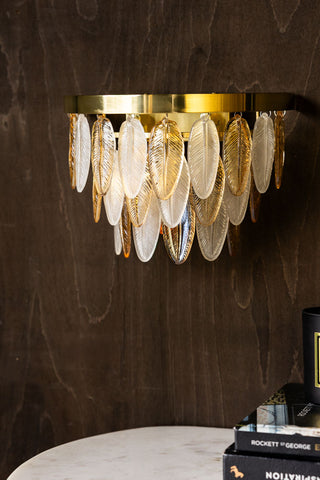 The Stunning Art Deco Glass Feather Wall Light displayed switched off against a dark wood wall