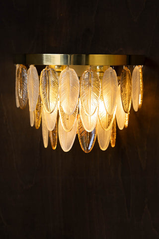 The Stunning Art Deco Glass Feather Wall Light displayed switched on against a dark wood wall