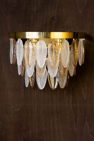 The Stunning Art Deco Glass Feather Wall Light displayed switched off against a dark wood wall