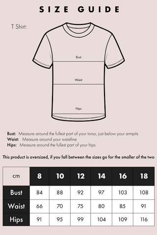 Size guide for the Yes, Sir, I Can Boogie T-Shirt in Oat - Available in 6 Sizes