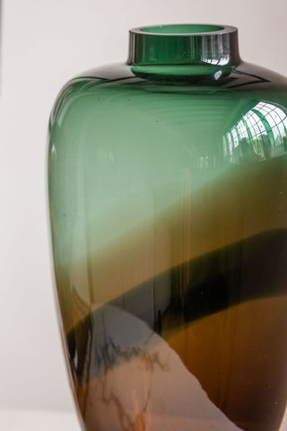 Close-up image of the Tall Dark Green & Brown Glass Vase