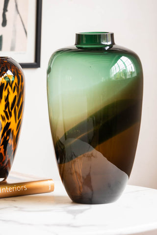 Image of the Tall Dark Green & Brown Glass Vase