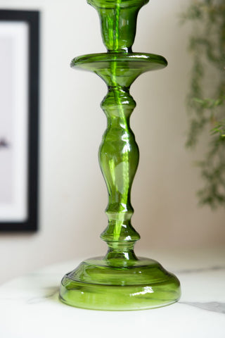Image of the base of the Tall Green Glass Refillable Candle Holder
