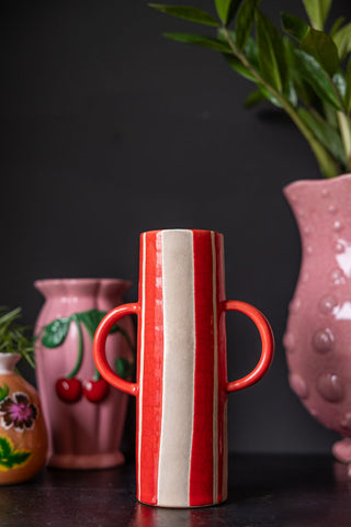 Close-up image of the Tall Red Stripe Vase With Handles