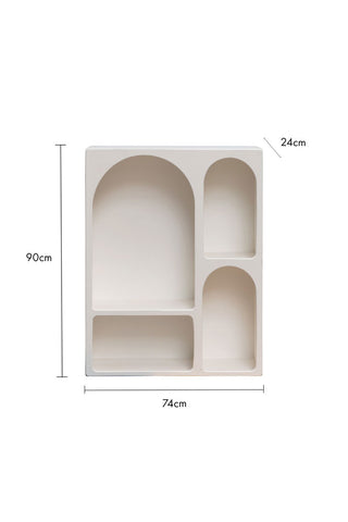 Cutout image of the Tall White Alcove Shelf on a white background with dimensions.