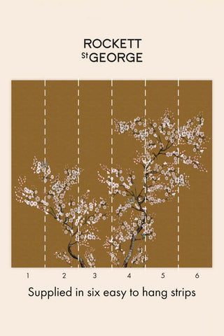 A breakdown of the wallpaper strips that make up The Blossom Mischief Mural Wallpaper in Antique Gold. 