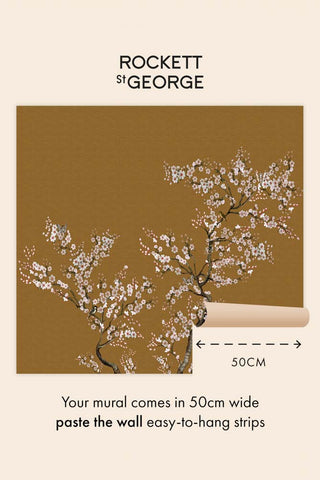Instruction image showing how The Blossom Mischief Mural Wallpaper in Antique Gold is created. 