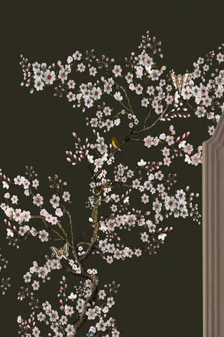 Close up detail of the The Blossom Mischief Mural Wallpaper in Forest on a dining table wall.
