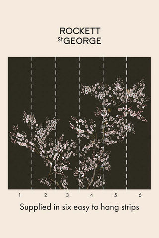 The six wallpaper strips that make up The Blossom Mischief Mural Wallpaper in Forest.