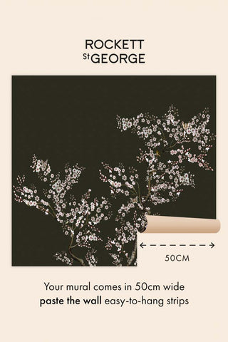 Instruction image showing how The Blossom Mischief Mural Wallpaper in Forest can be created with wallpaper strips. 