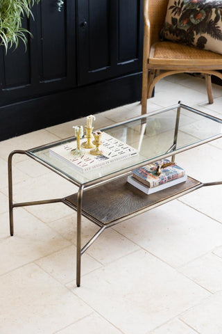 Lifestyle image of the Henry Antique Brass & Glass Coffee Table