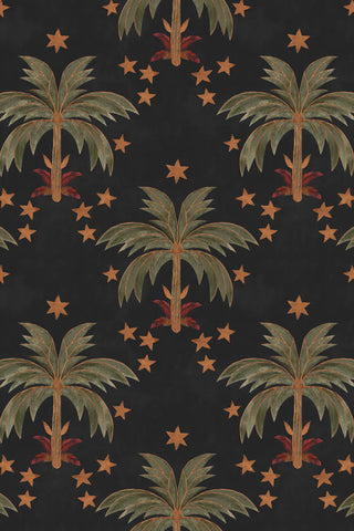 The beautiful palm and star pattern of  The Midnight Palms Wallpaper in Noir.