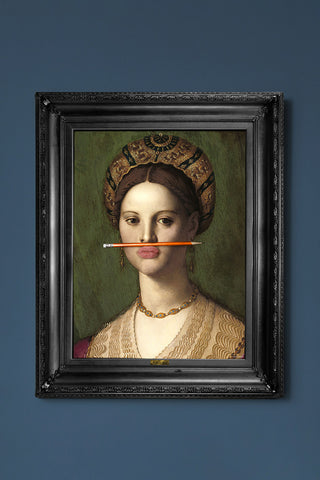 The Orange Pencil Canvas with Printed Frame on a blue background.