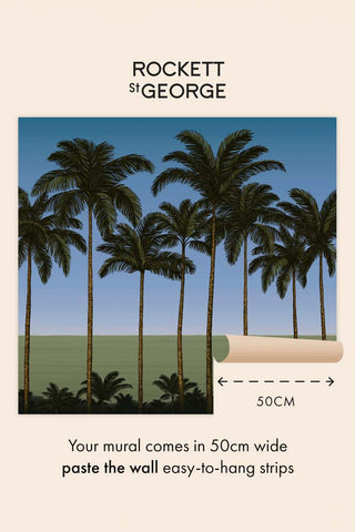 an instruction image showing how The Palm Paradiso Mural Wallpaper in Coast is to be assembled. 