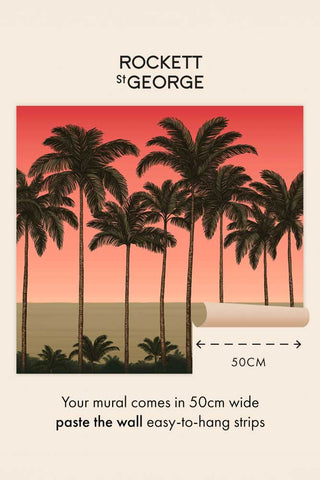 Instruction image showing the strips of The Palm Paradiso Mural Wallpaper in Coral.