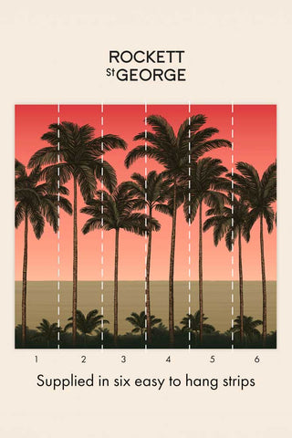 The pattern breakdown of the wallpaper strips of The Palm Paradiso Mural Wallpaper in Coral. 