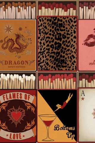 Close up of the The Perfect Match Wallpaper in Golden Hour, showing the dragon, leopard, sacred heart and cocktail match illustrations. 