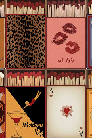 The leopard, kiss, cocktail and milagro heart illustrations on The Perfect Match Wallpaper in Golden Hour.
