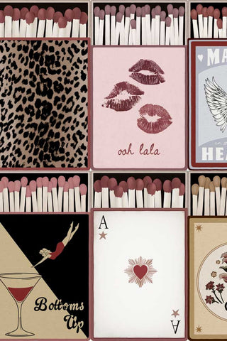 The leopard, kiss, cocktail and milagro illustrations on The Perfect Match Wallpaper in Peach. 