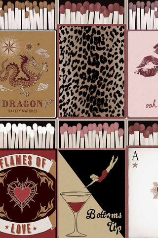 the dragon, leopard, flaming heart and cocktail illustrations on the The Perfect Match Wallpaper in Peach. 