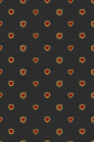 Detail of the Milagro motifs in The Sacred Hearts Wallpaper in Noir Red. 