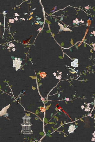 Close up of the beautiful pattern of The Secret Garden Chinoiserie Wallpaper in Black Ink.