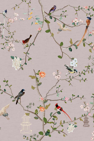 The beautiful pattern of The Secret Garden Chinoiserie Wallpaper in Dusty Lilac.