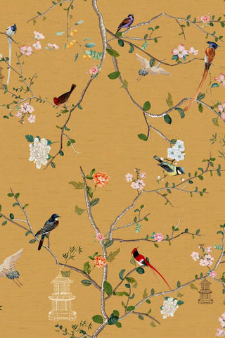 Detail of the The Secret Garden Chinoiserie Wallpaper in Golden Hour. 