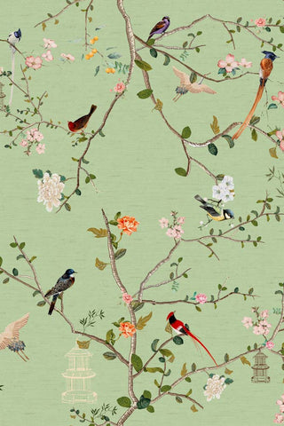 The detail of The Secret Garden Chinoiserie Wallpaper in Green Tea showing the blossom, bird and branches. 