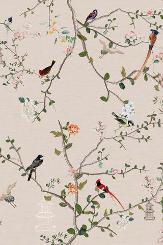 The detail of The Secret Garden Chinoiserie Wallpaper in Ivory, showing birds, branches and blossom. 