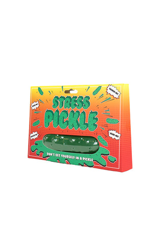 Cutout of The Stress Pickle in its box on a white background.