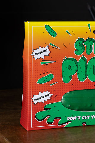 Close-up of the box of The Stress Pickle.