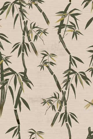 The pattern of The Wham Bamboo Wallpaper in Ivory Green, showing the bamboo and dragonflies. 