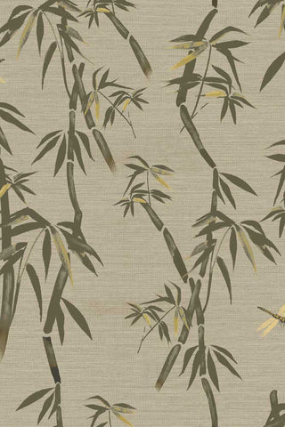 The pattern of The Wham Bamboo Wallpaper in Sage Green with bamboo stems and dragonflies. 