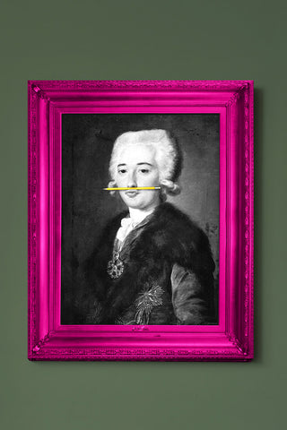 The Yellow Pencil Canvas with Printed Frame displayed on a green wall.