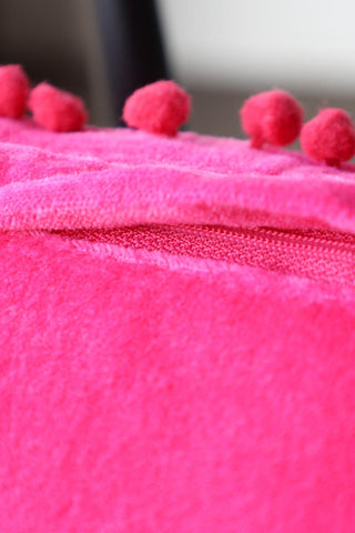 Image of the zip for the Hot Pink Pom Pom Velvet Cushion