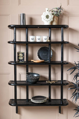 Image of the Vintage-Inspired Black Rattan Wall Shelf
