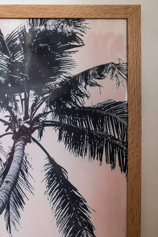 Detail image of Vintage Pink Palms 50cm x 50cm Art Print in a natural frame on a light background.