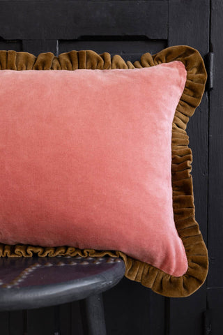 Image of the Vintage Pink Velvet Cushion With Green Ruffle