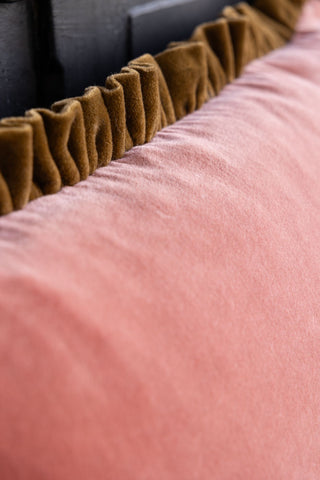 Close-up image of the Vintage Pink Velvet Cushion With Green Ruffle