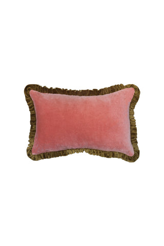 Image of the Vintage Pink Velvet Cushion With Green Ruffle on a white background