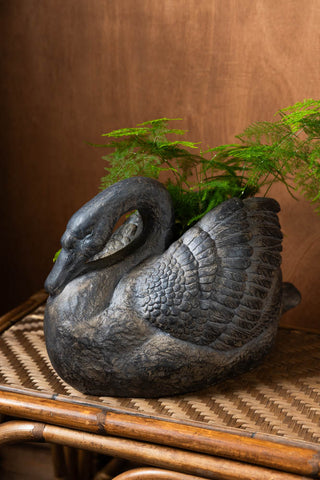 Image of the Vintage-Style Swan Planter with a plant