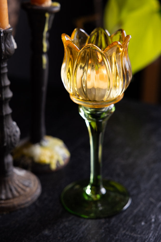 VintageStyle Yellow Glass Flower Candle Holder Rockett St