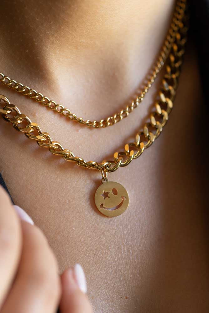 Waterproof Wink Face Gold Duo-Chain Necklace Rockett St George